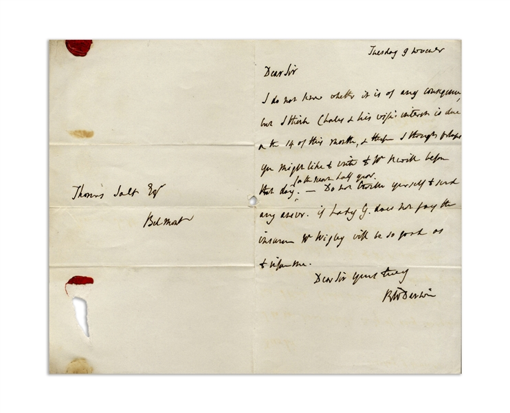 Robert Darwin Autograph Letter Signed Regarding Charles Darwin's Financial Obligations -- ''...I think Charles & his wife's interest is due...''